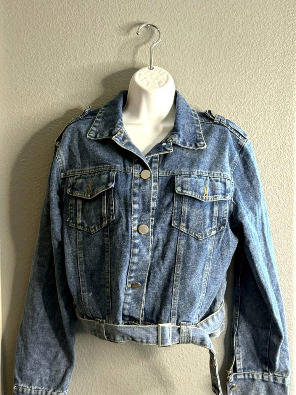 Cropped Belted Denim Jacket - Medium Wash, Size M